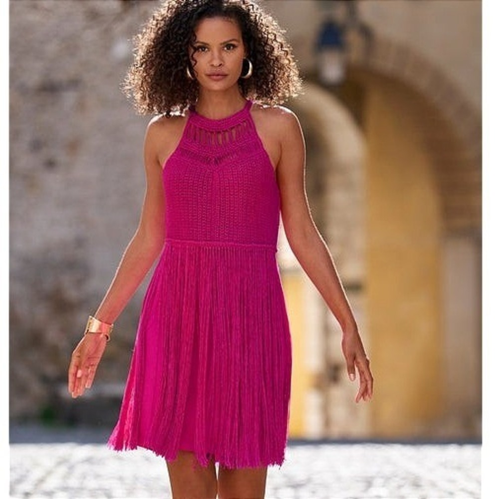 Boston Proper Halter Crochet Fringe Shift Dress Pink Party Flirty Movement - S